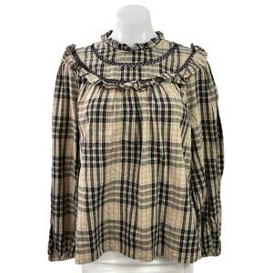 Tu Clothing Women's Beige Plaid Flannel Long Sleeve Ruffle Blouse Top Size 16